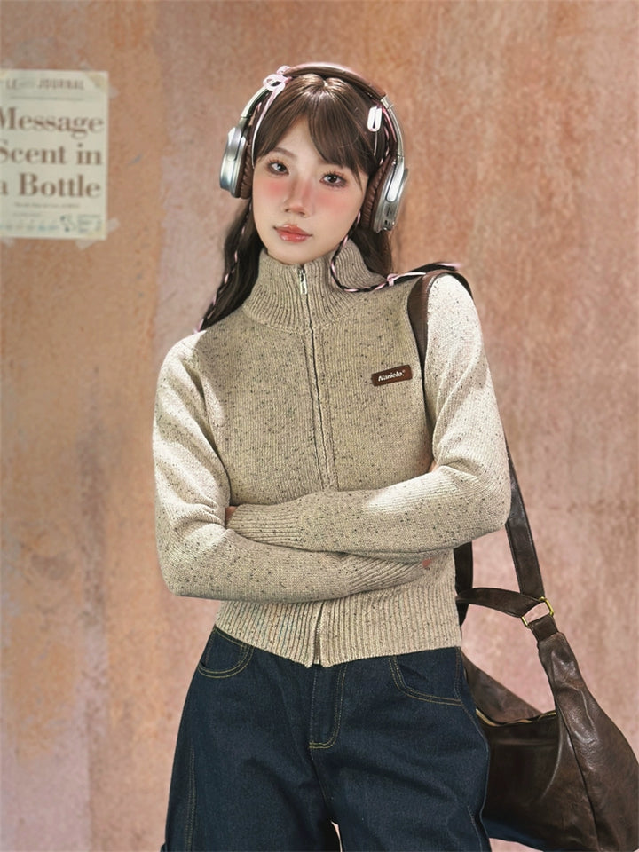 High Collar Zipper Front Wool Sweater
