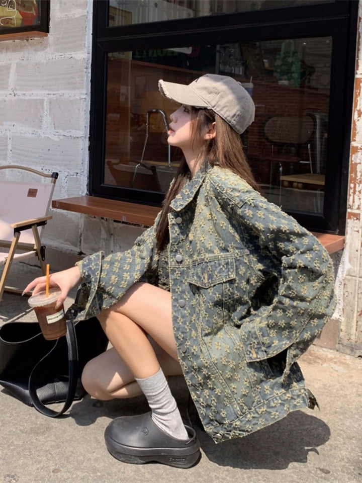 Oversized Patterned Denim Short Coat