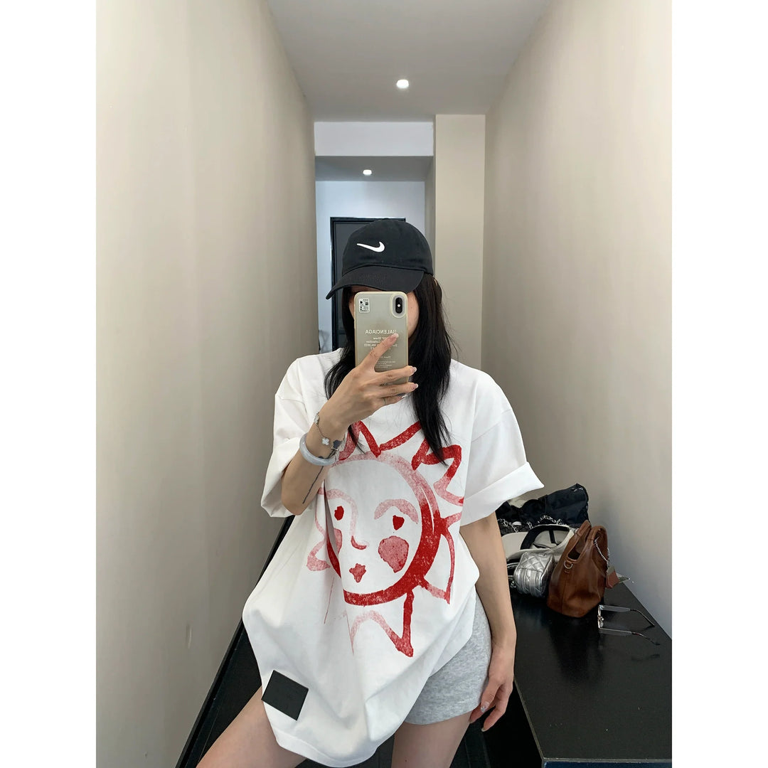 Hand-Painted Sun Graphic T-Shirt