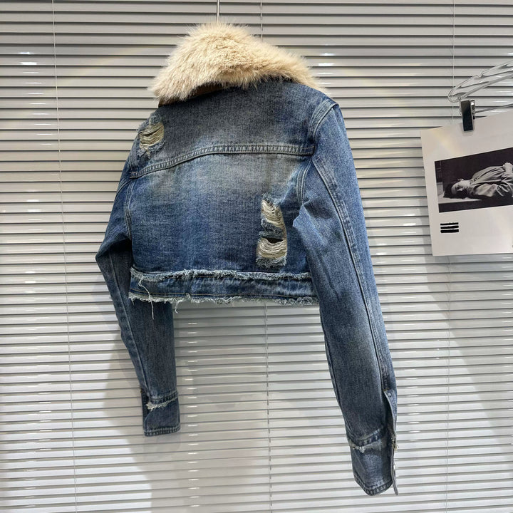 Faux Fur Collar Denim Short Coat