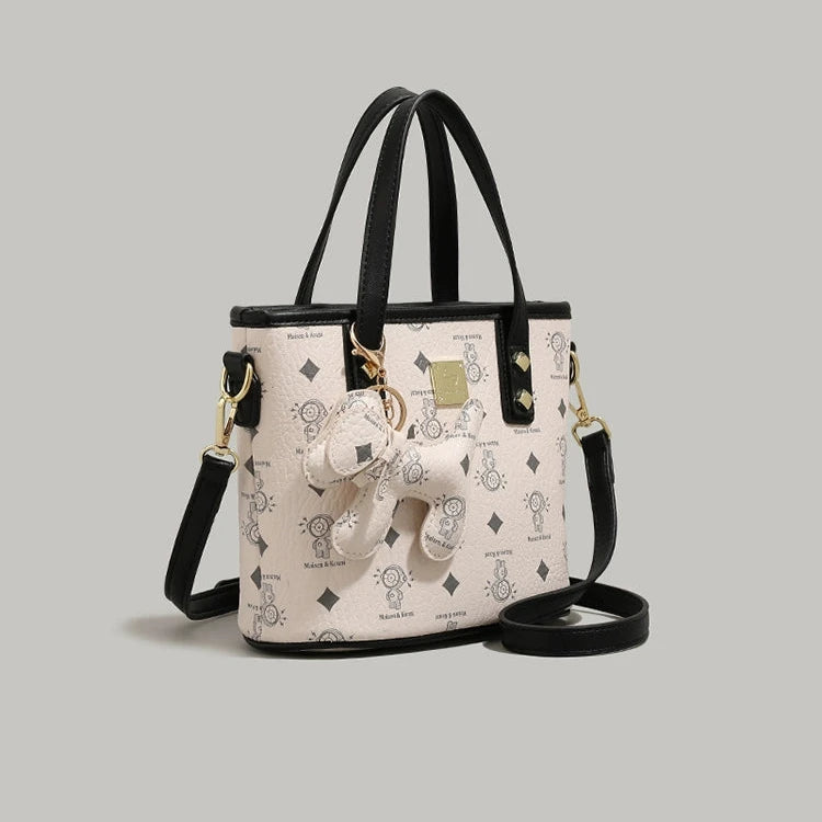 Bear Charm Patterned Bucket Bag