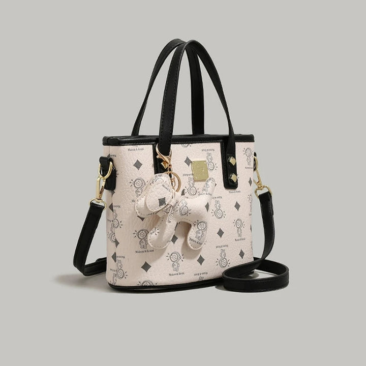 Bear Charm Patterned Bucket Bag