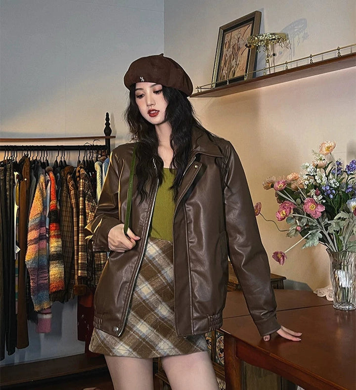 Zipper Closure Leather Short Coat