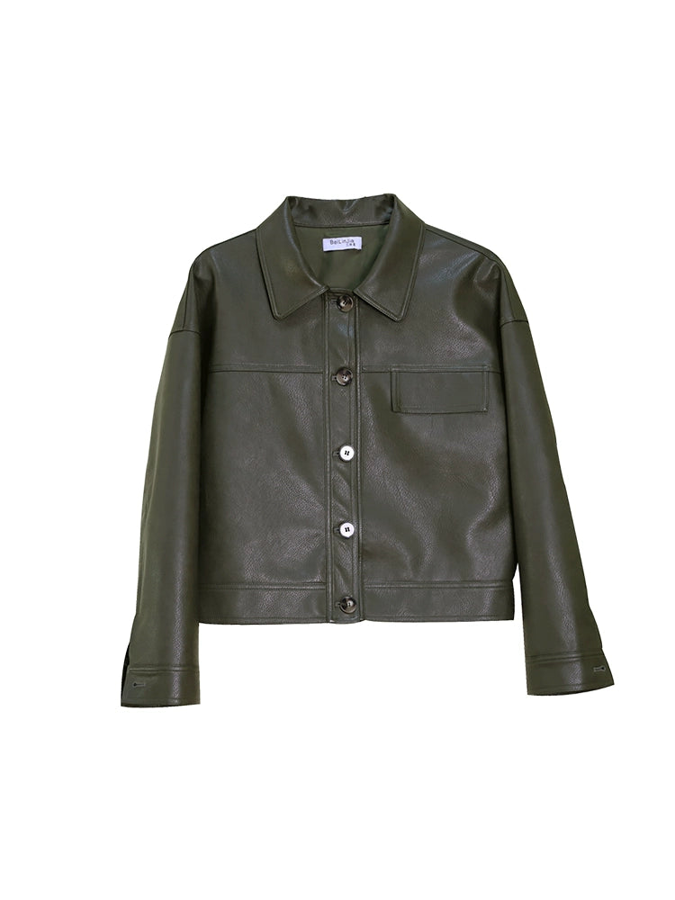 Button Closure Pockets Leather Jacket