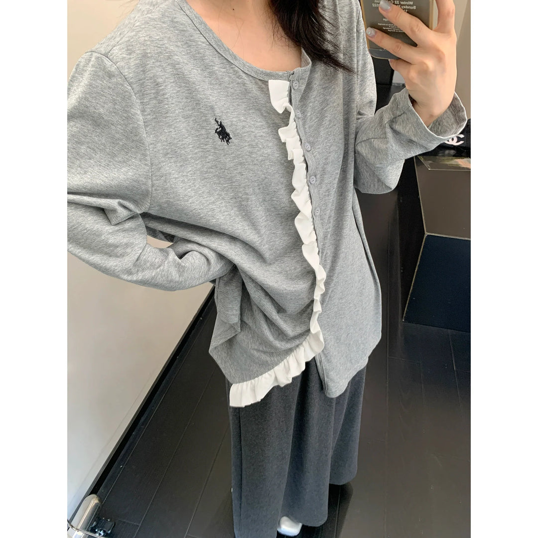 Lace Trim Long Sleeve Button Cardigan