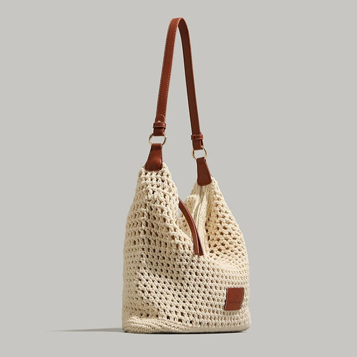 Leather Strap Crochet Tote Bag