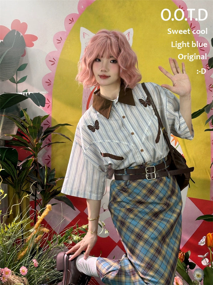 Butterfly Patterned Striped Shirt