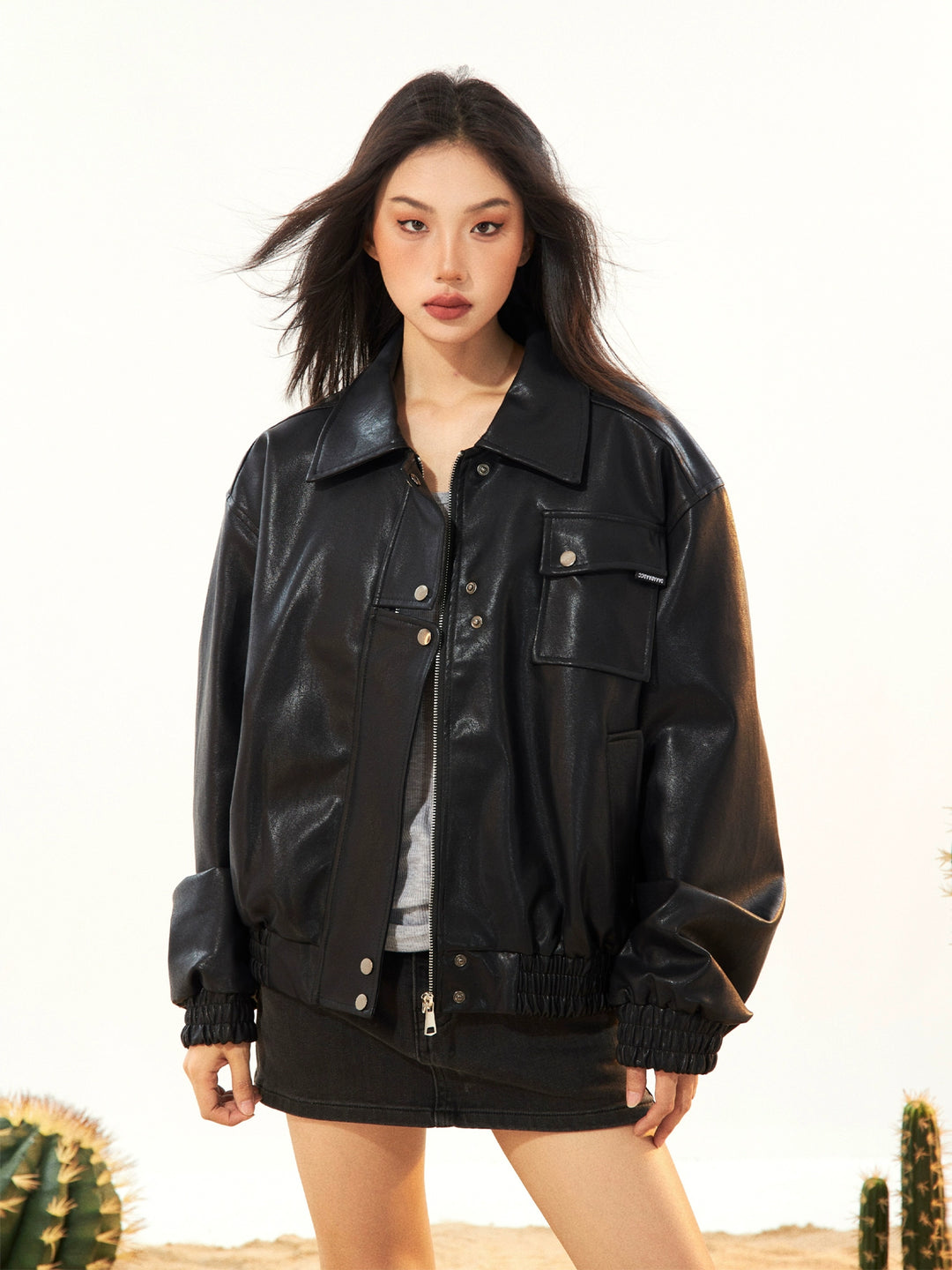 Snap Buttons Classic Leather Jacket