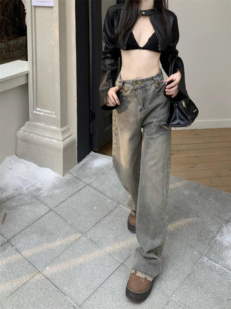 Wide-Leg Distressed Cargo Denim Pants