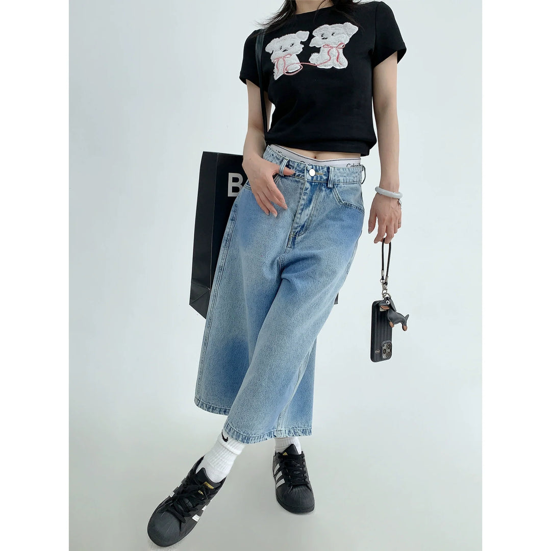 Washed Distressed Straight Cropped Denim Pants