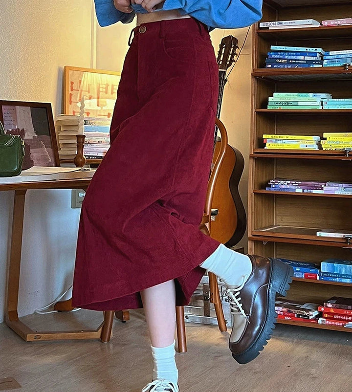 Casual Mid-Length Corduroy Skirt