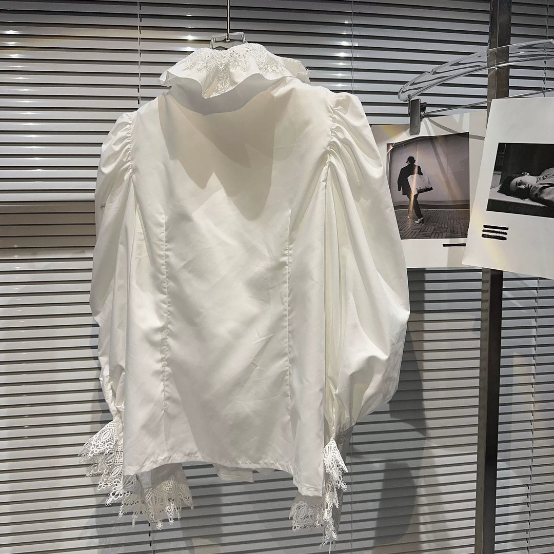 Puff Sleeves Lace Trim Ruffled Shirt