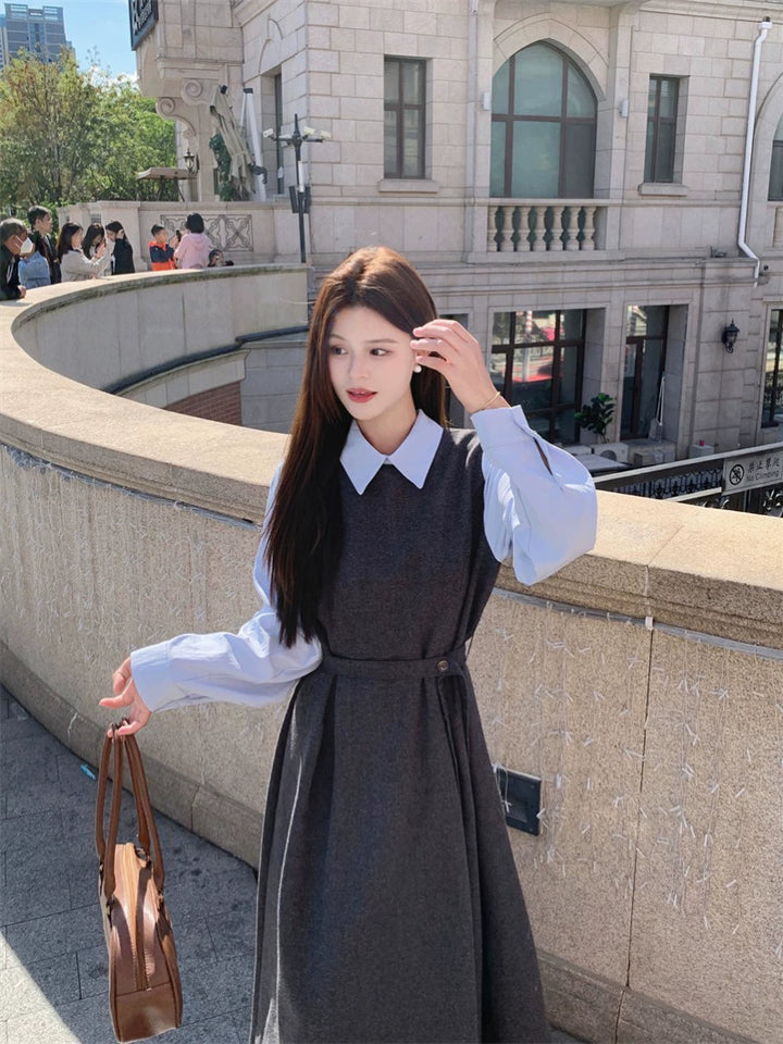 Retro Long Sleeve Faux Two-piece Dress