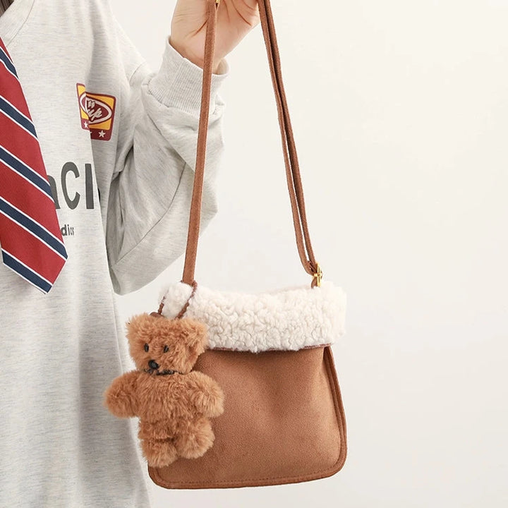 Plush Trim Teddy Bear Bucket Bag