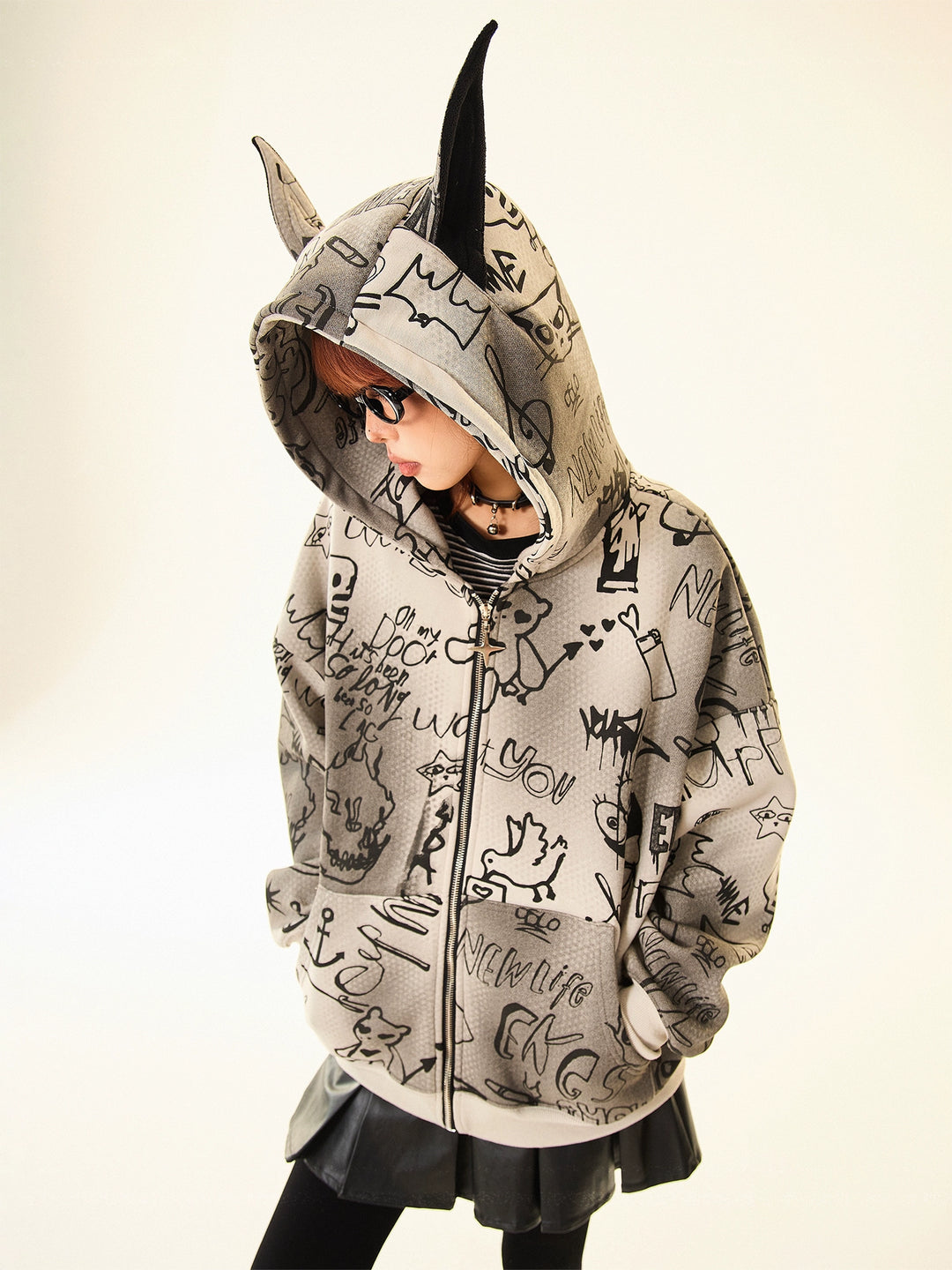 Graphic Ears Hooded Short Coat