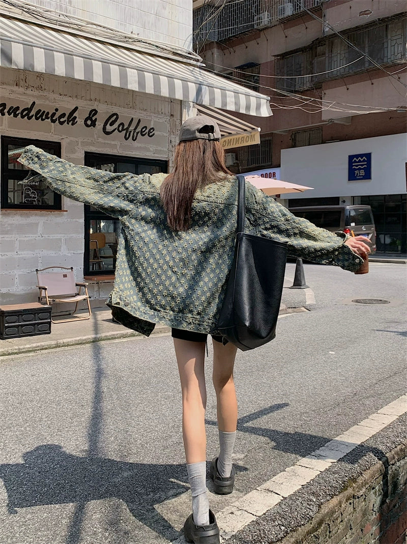 Oversized Patterned Denim Short Coat