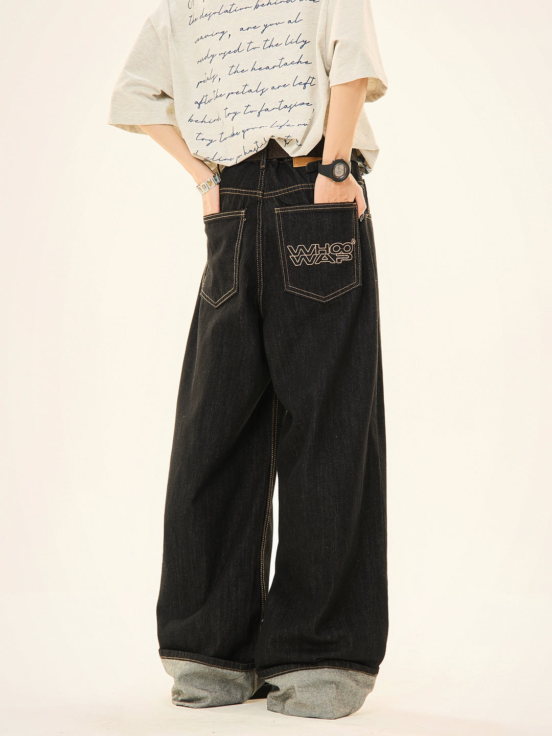 Rolled Cuffs Wide-Leg Denim Pants