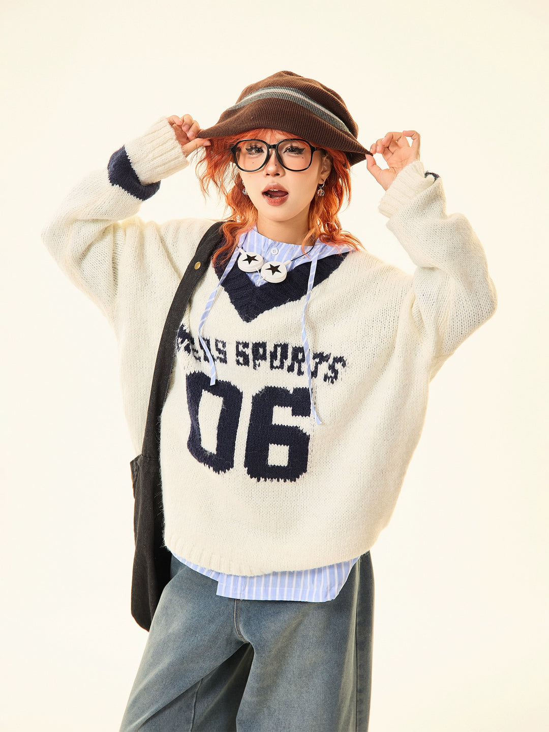 Star Number Print Oversized Knit Sweater
