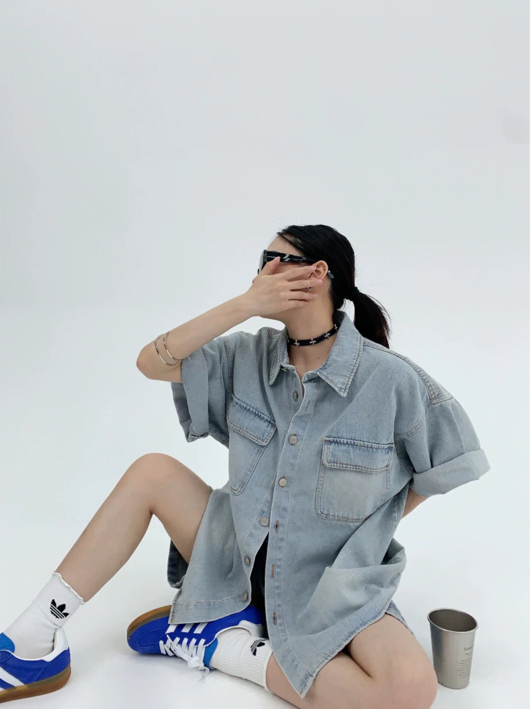 Oversized Short Sleeve Button-Up Denim Shirt
