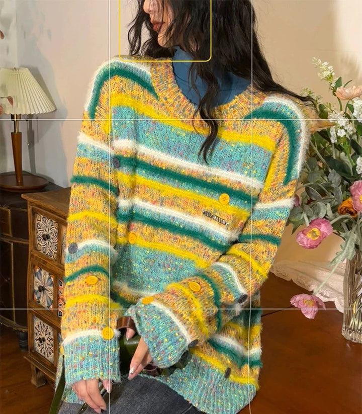 Button Accents Striped Wool Sweater