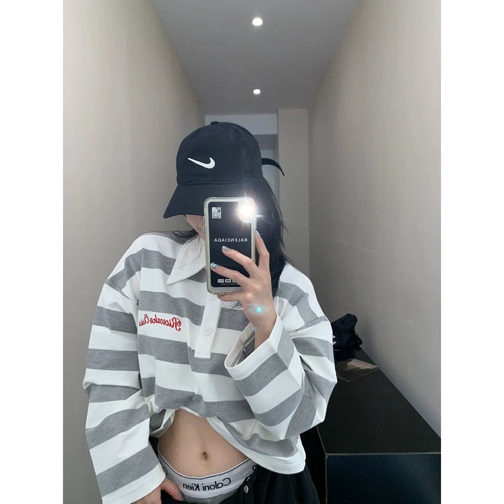 Striped Polo Collar Long Sleeve Top