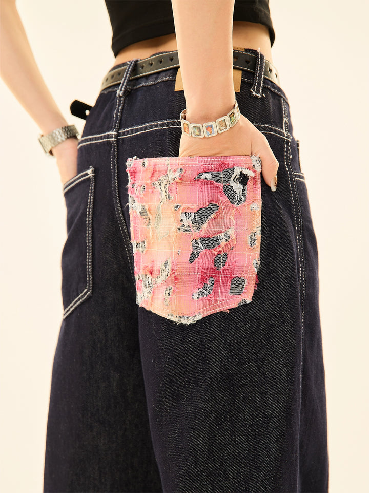 Embroidered Wide-Leg Denim Pants