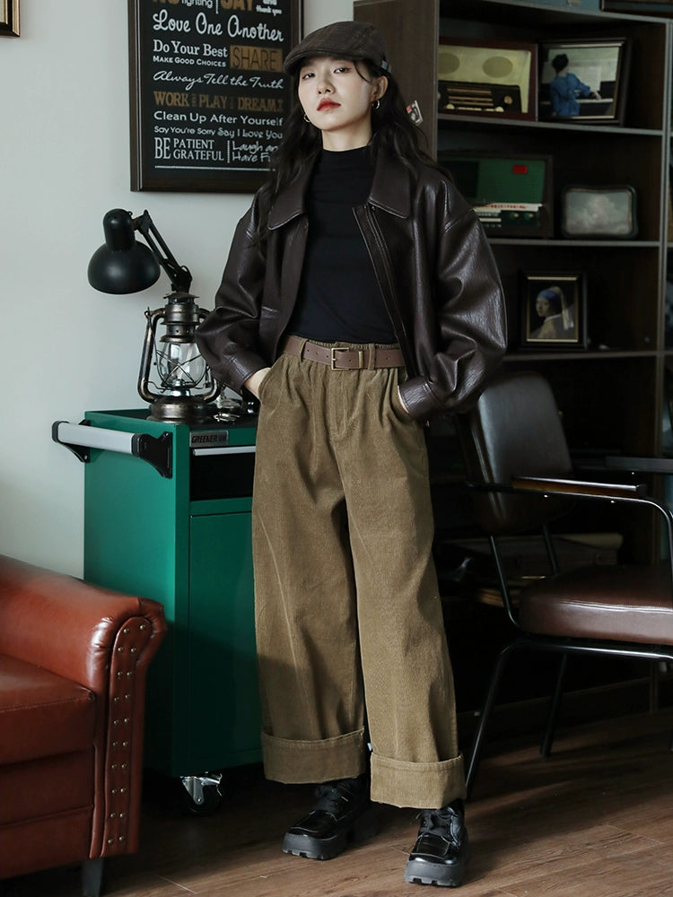 Elastic Waistband Classic Leather Jacket