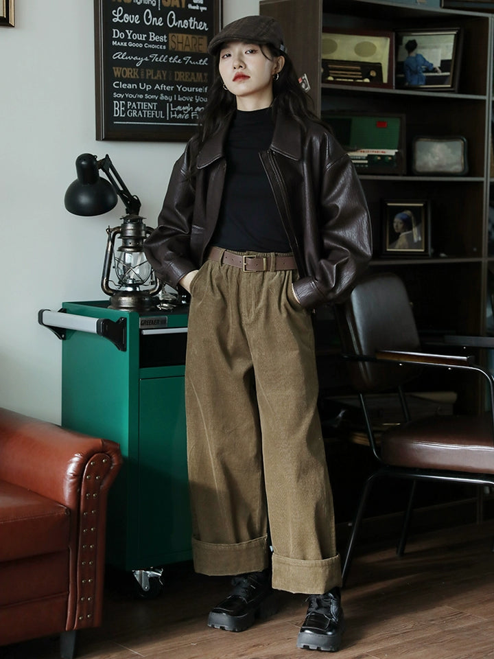 Elastic Waistband Classic Leather Jacket