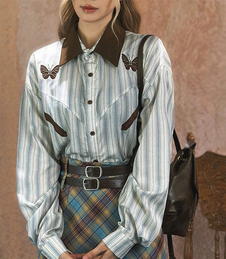 Embroidered Butterfly Striped Shirt