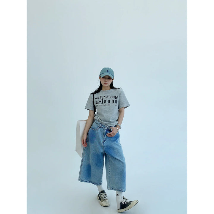 Washed Distressed Straight Cropped Denim Pants