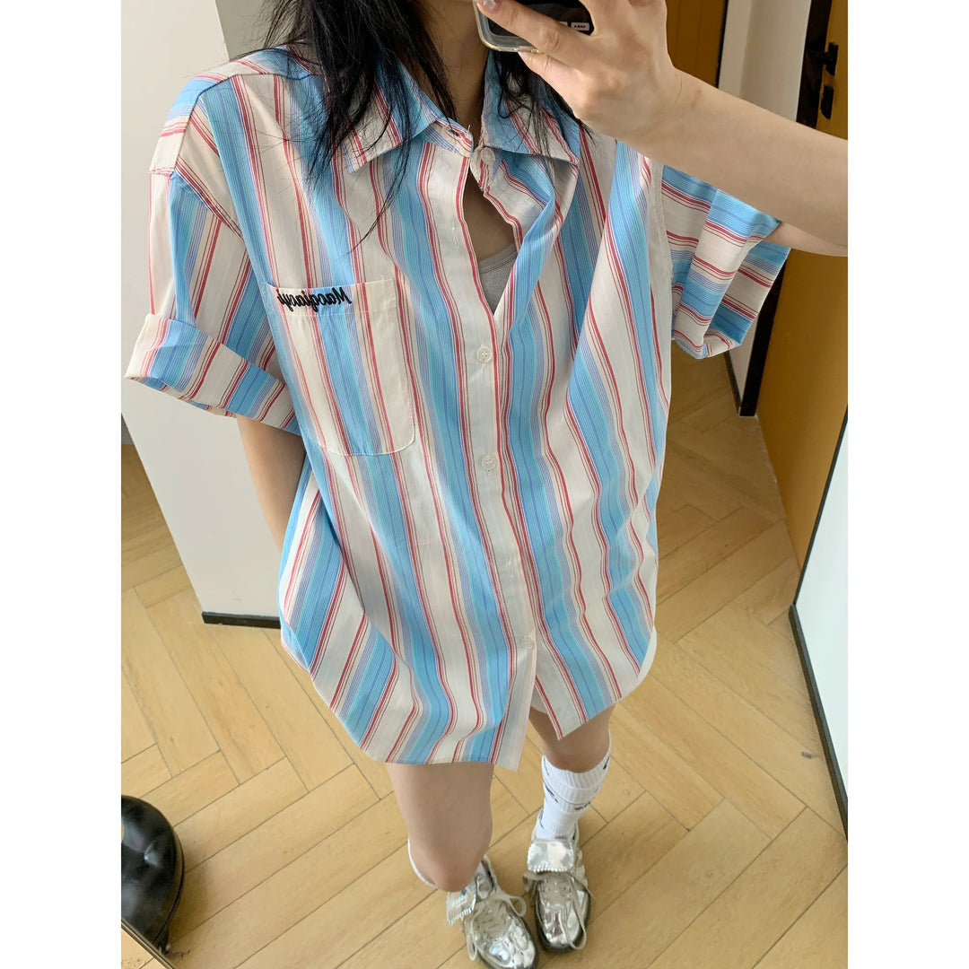 Vertical Striped Short Sleeve Relaxed Shirt