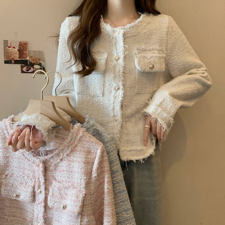 Elegant Button Front Short Boucle Coat