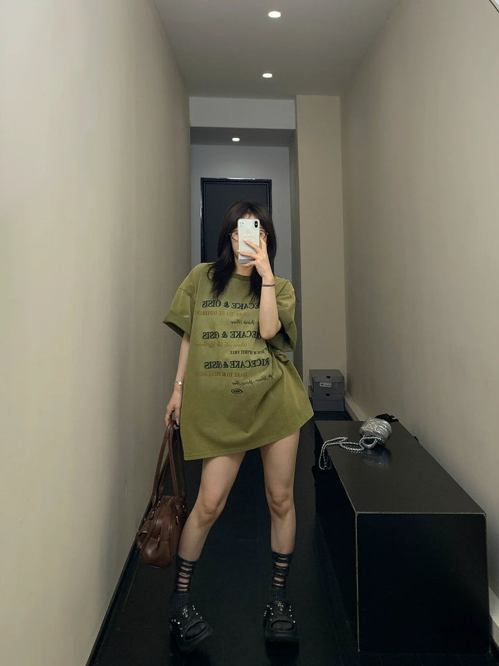 Letter Embroidery Oversized Washed T-shirt