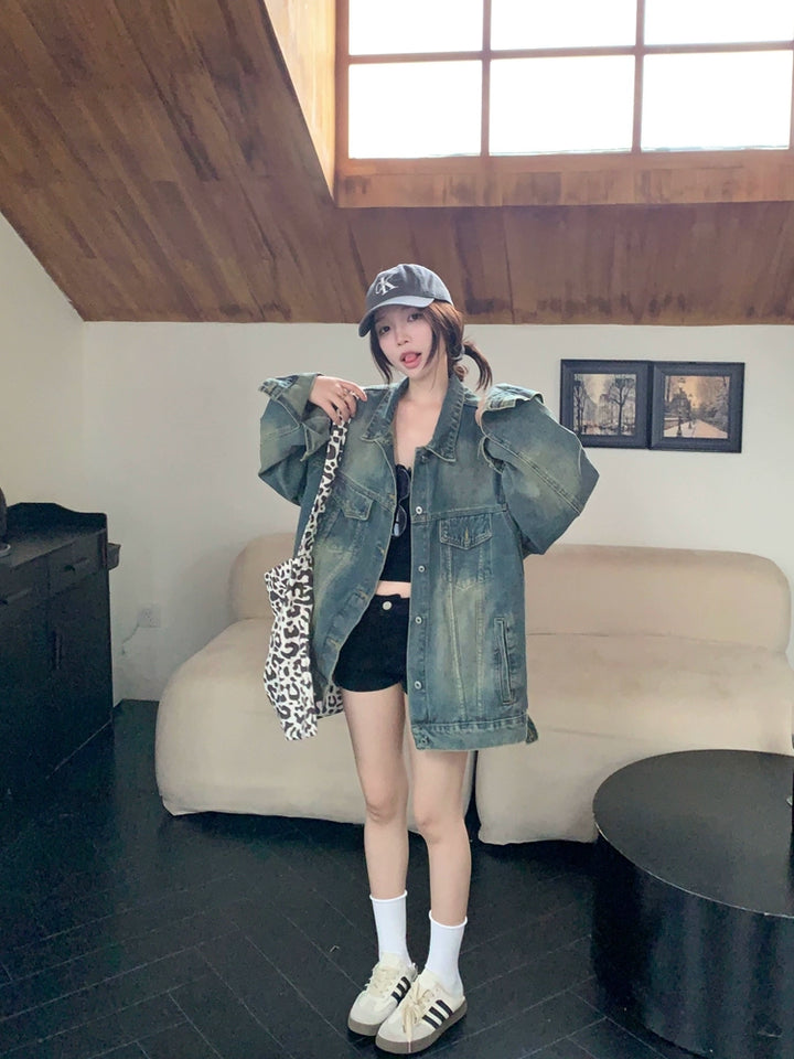 Button Closure Oversized Denim Short Coat