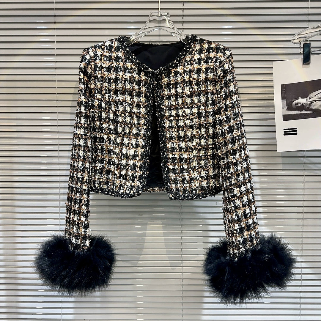Faux Fur Cuffs Tweed Short Coat