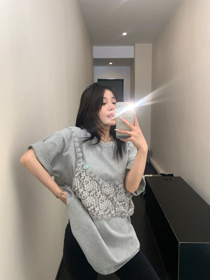 Lace Overlay Short Sleeve T-shirt