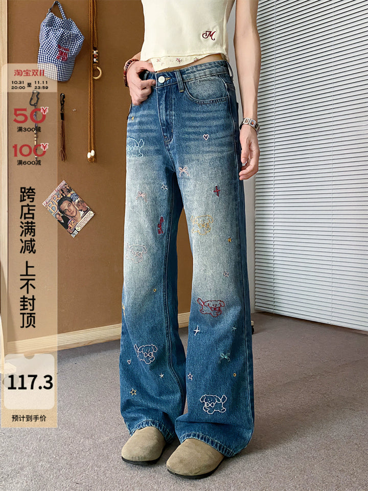Embroidered Wide-Leg Jeans with Graphic Accents