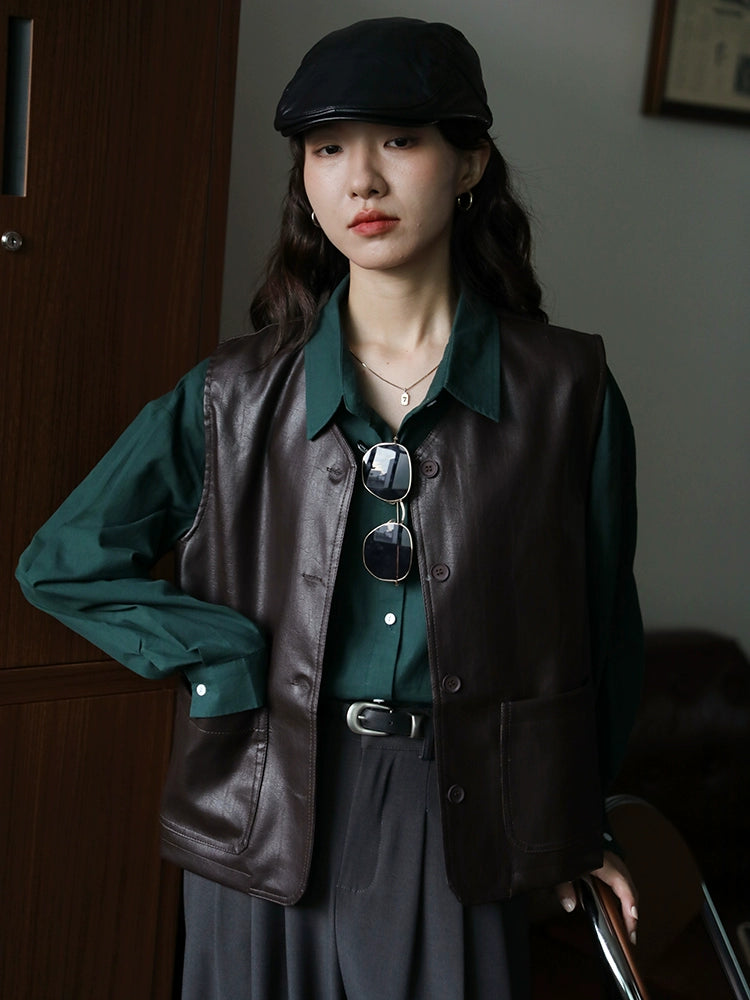 Button-Up Pockets Leather Vest