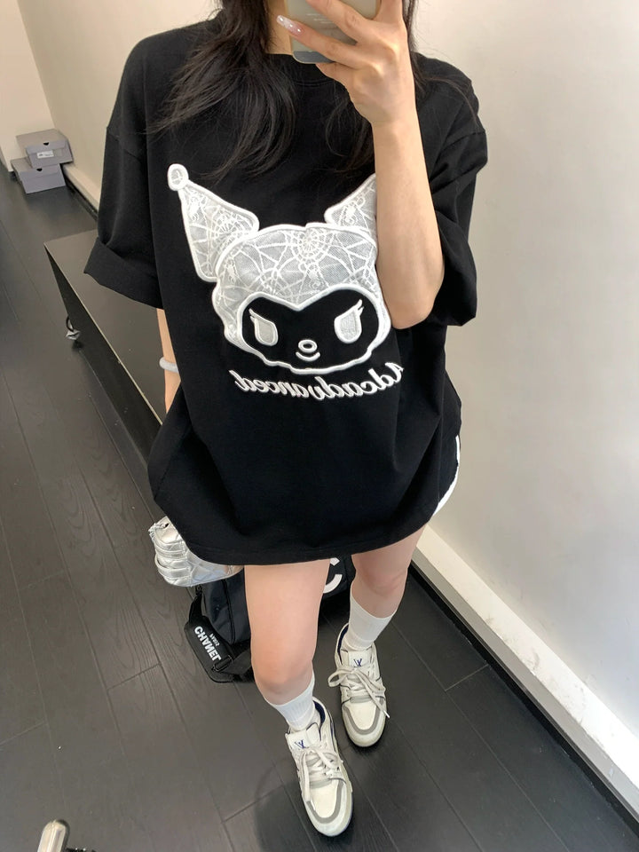 Cartoon Graphic Lace Patchwork T-Shirt
