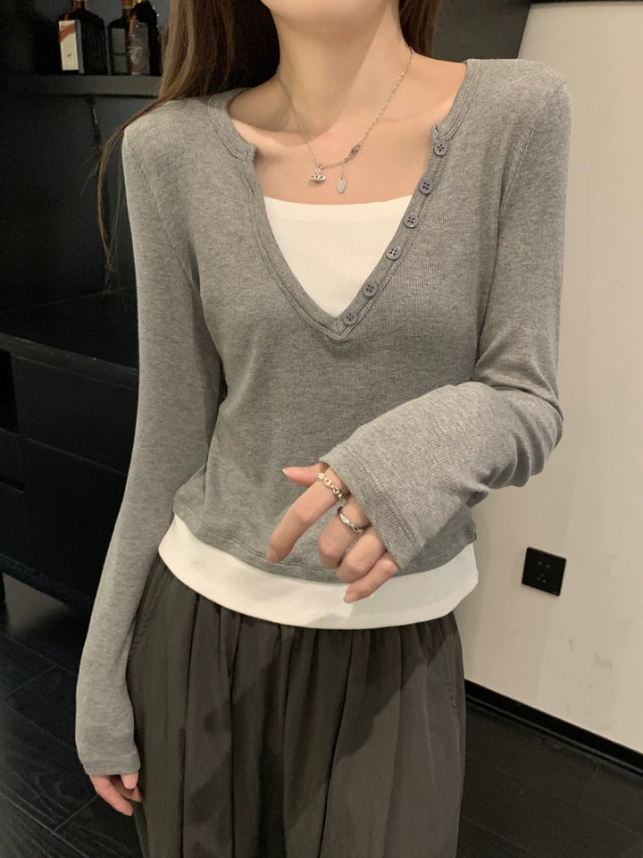 Long Sleeve Button Detail T-Shirt