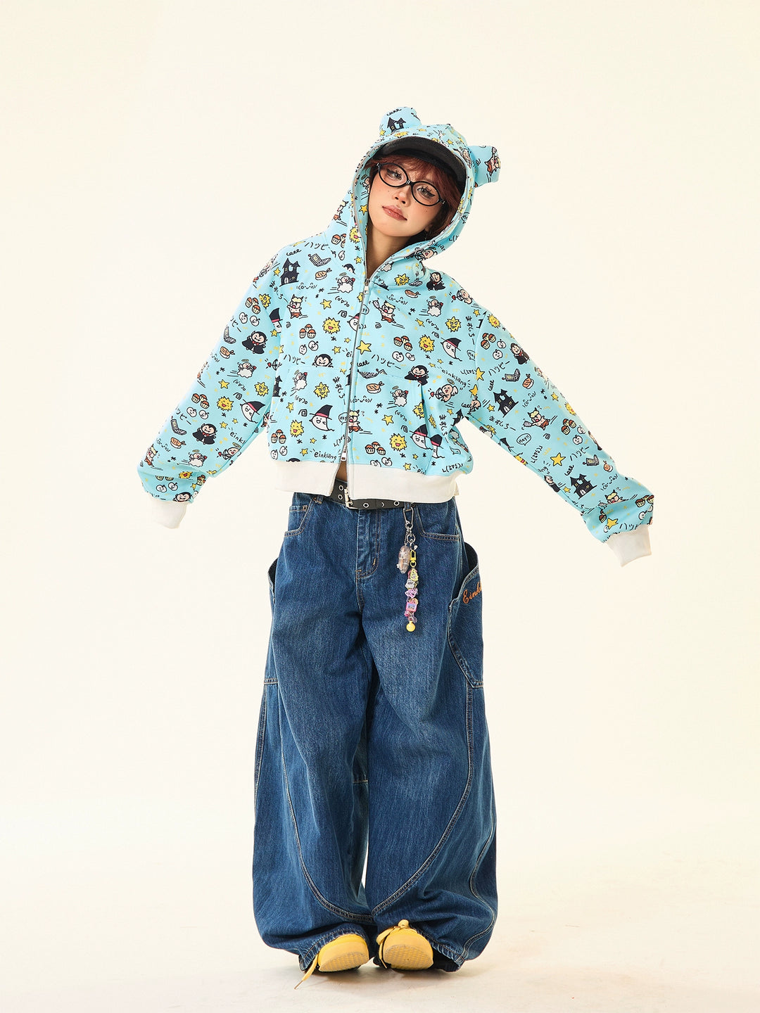 Cartoon Print Ear Hooded Sweatshirt
