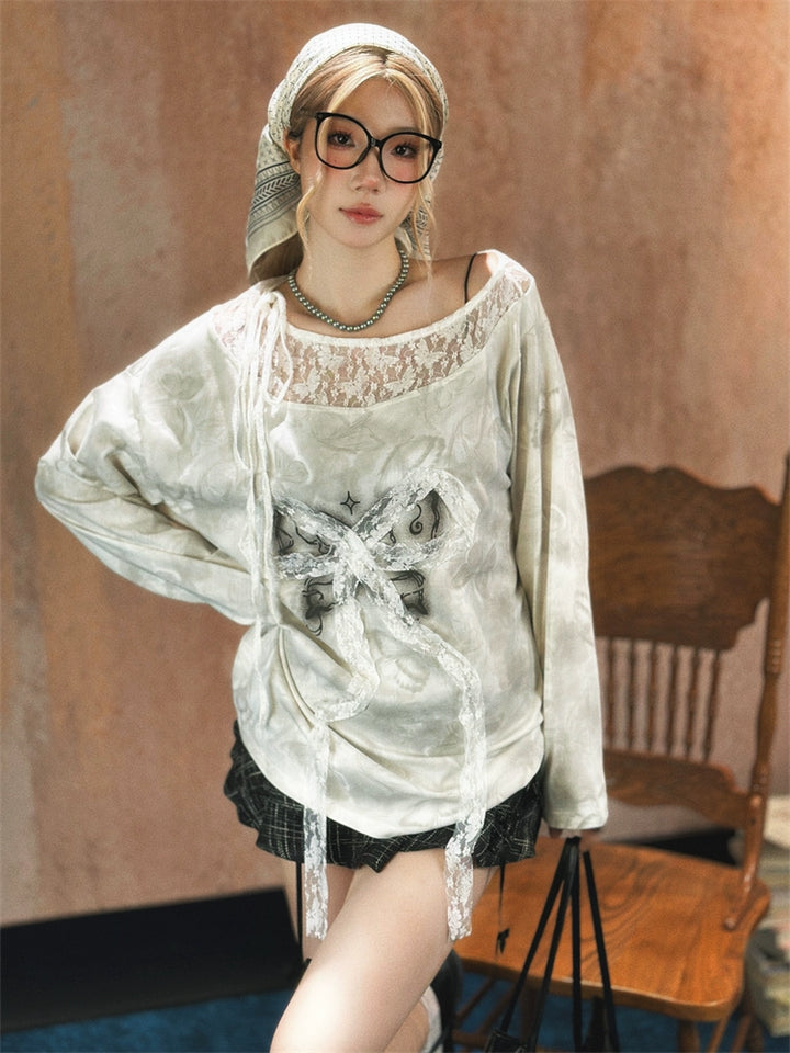 Lace Ribbon Accent Wool Sweater