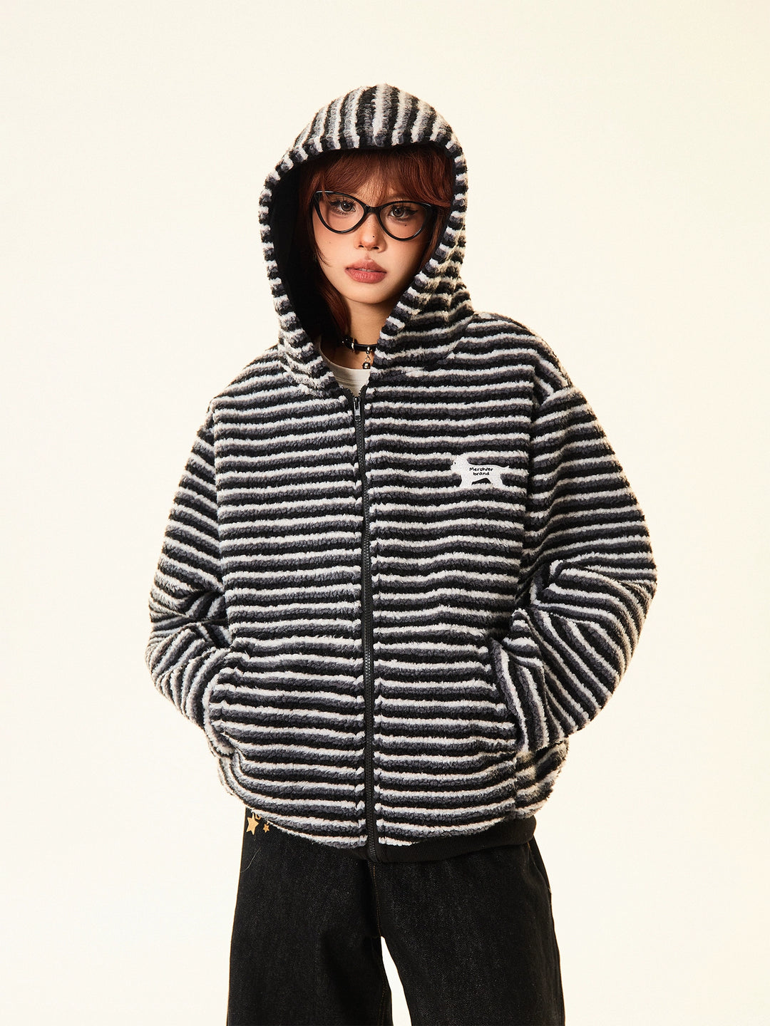 Graphic Hooded Striped Short Coat