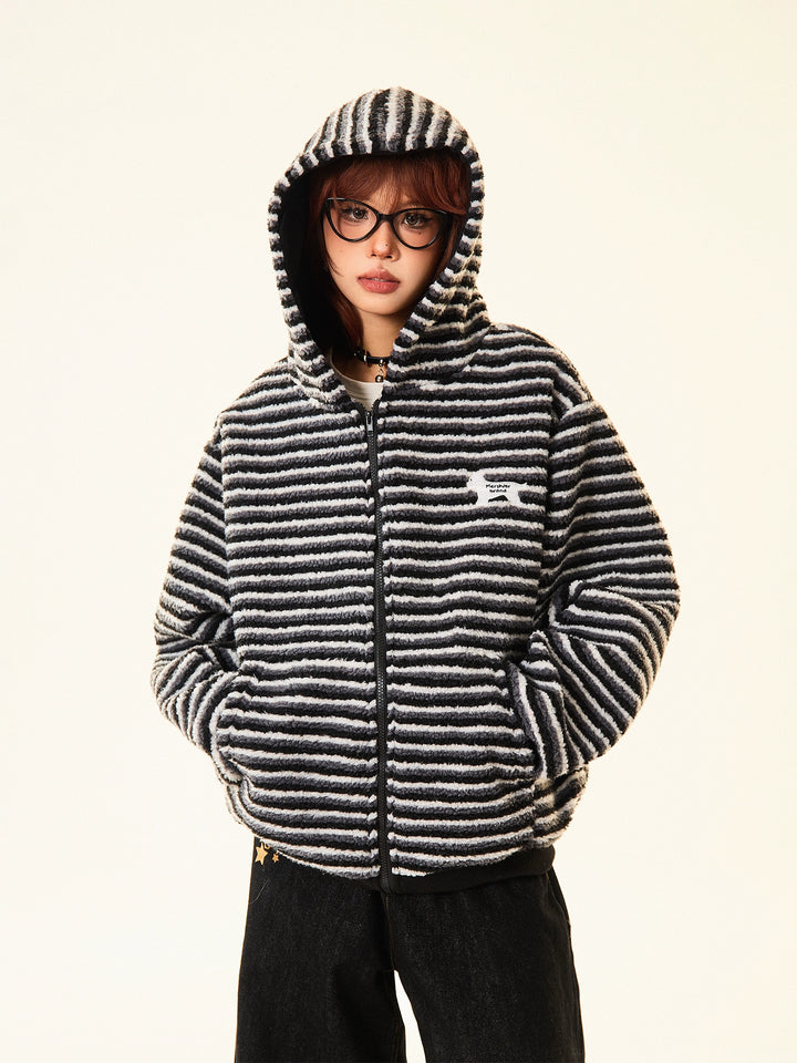 Graphic Hooded Striped Short Coat
