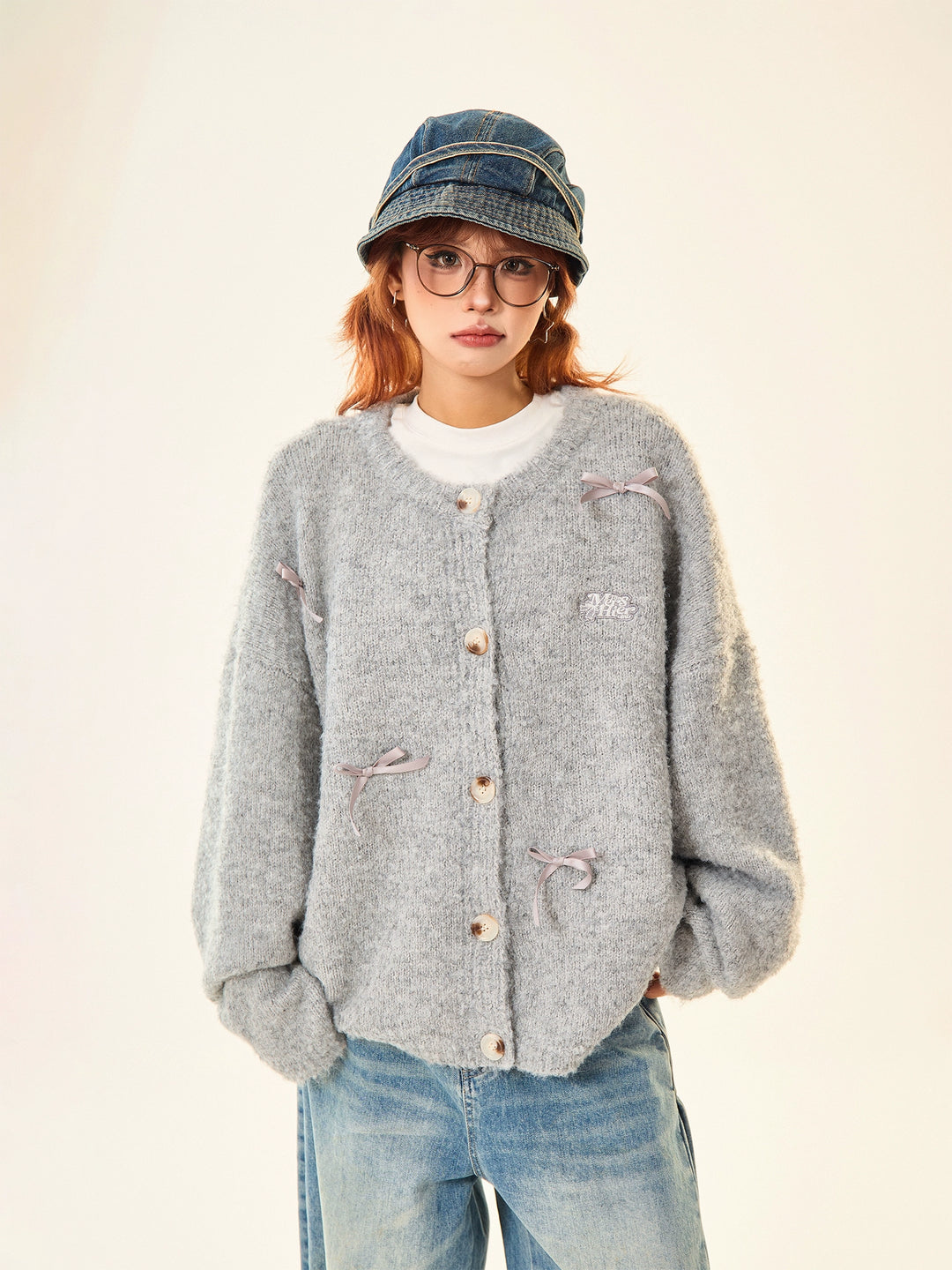 Bow Decoration Button-Up Knit Sweater