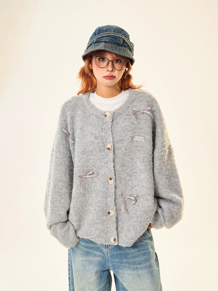 Bow Decoration Button-Up Knit Sweater