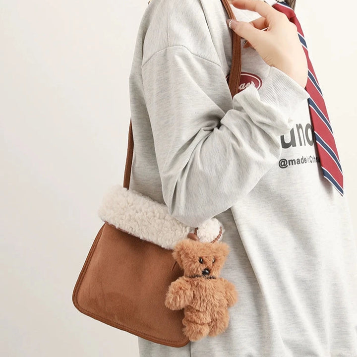 Plush Trim Teddy Bear Bucket Bag