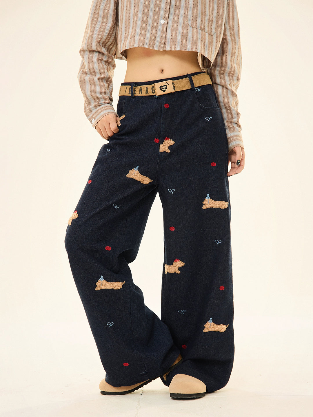 Embroidered Wide-Leg Casual Pants