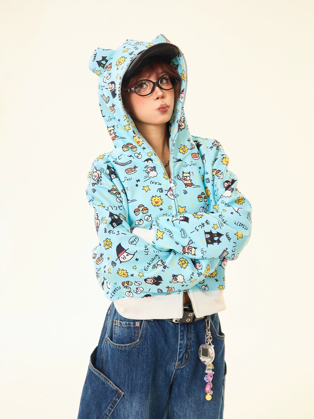 Cartoon Print Ear Hooded Sweatshirt