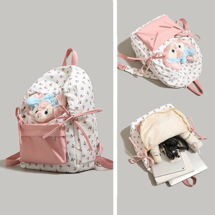 Bear Embellished Floral Print Backpack